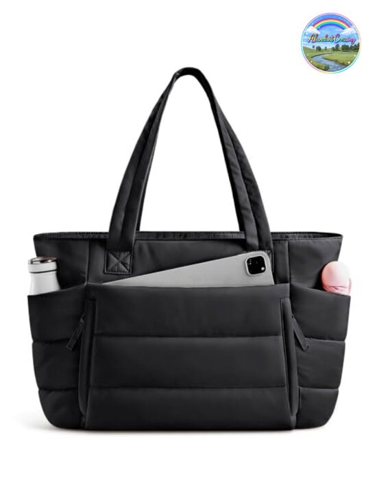 Handbags - Quilted Puffer Tote Bag with Zipper Lightweight Laptop Work Travel